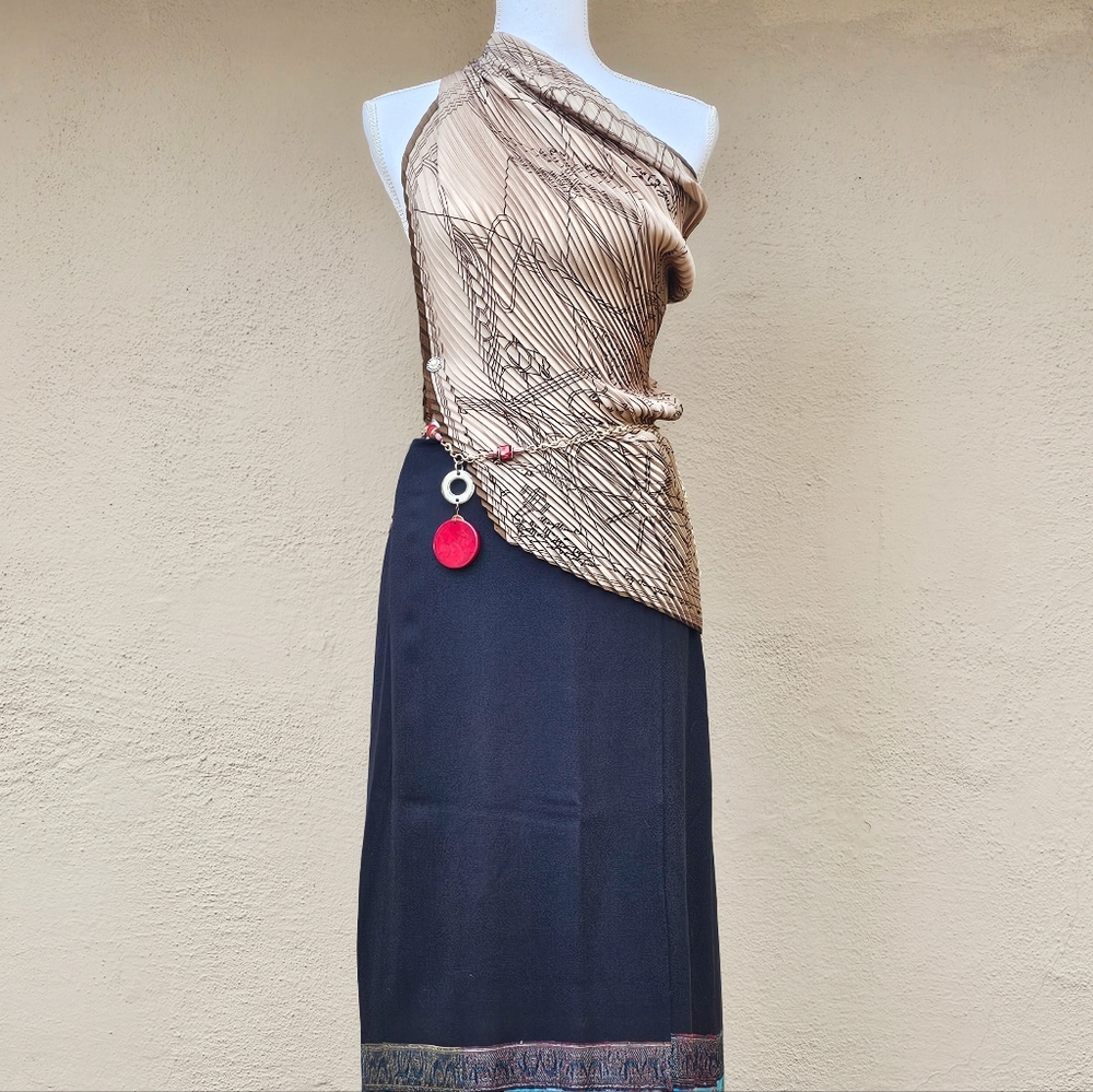 Large Square Scarf Tan & Black Oversized 100% Polyester